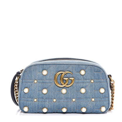 Gucci Denim Matelasse Pearl Studded Small GG Marmont Chain Shoulder Bag Blue 1 of 8