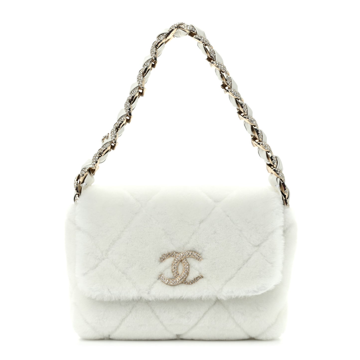 Shearling Lambskin Crystal Strass Flap White
