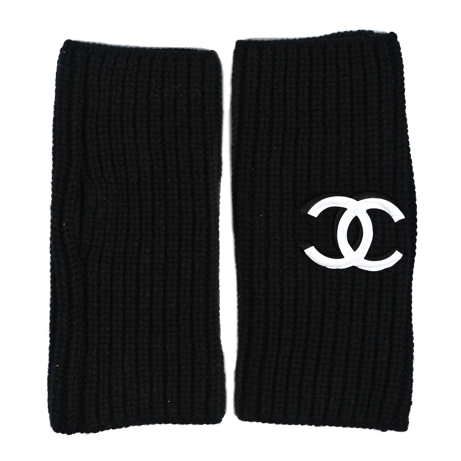 Chanel Wool Cashmere Knit Fingerless Gloves Black White 1 of 4