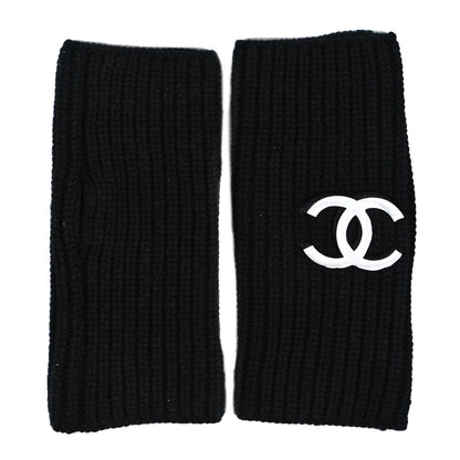 Chanel Wool Cashmere Knit Fingerless Gloves Black White 1 of 4