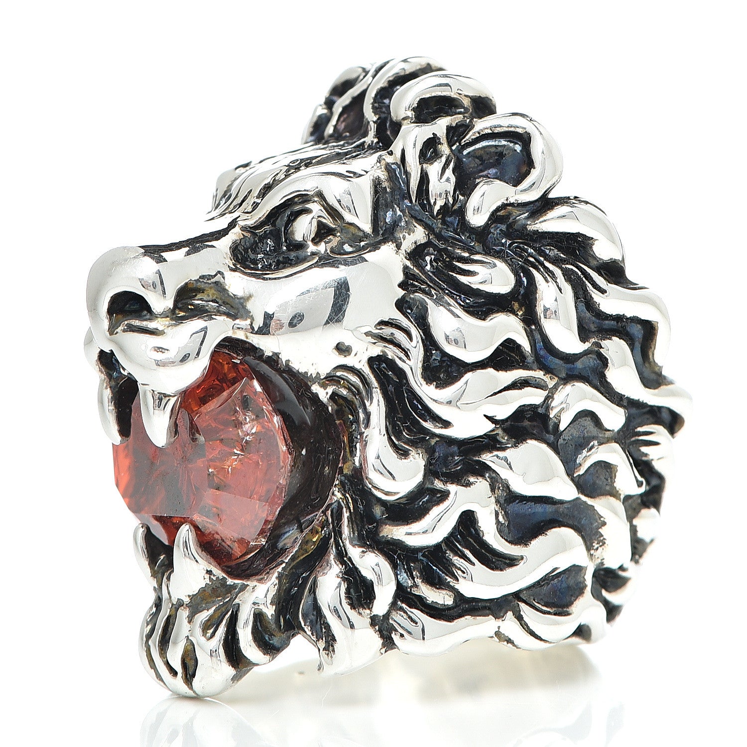 Gucci Metal Crystal Lion Head Ring 4.75 Red Aged Silver 3 of 9