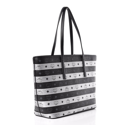 MCM Metallic Visetos Striped Medium Anya Shopper Tote Black Silver 3 of 11