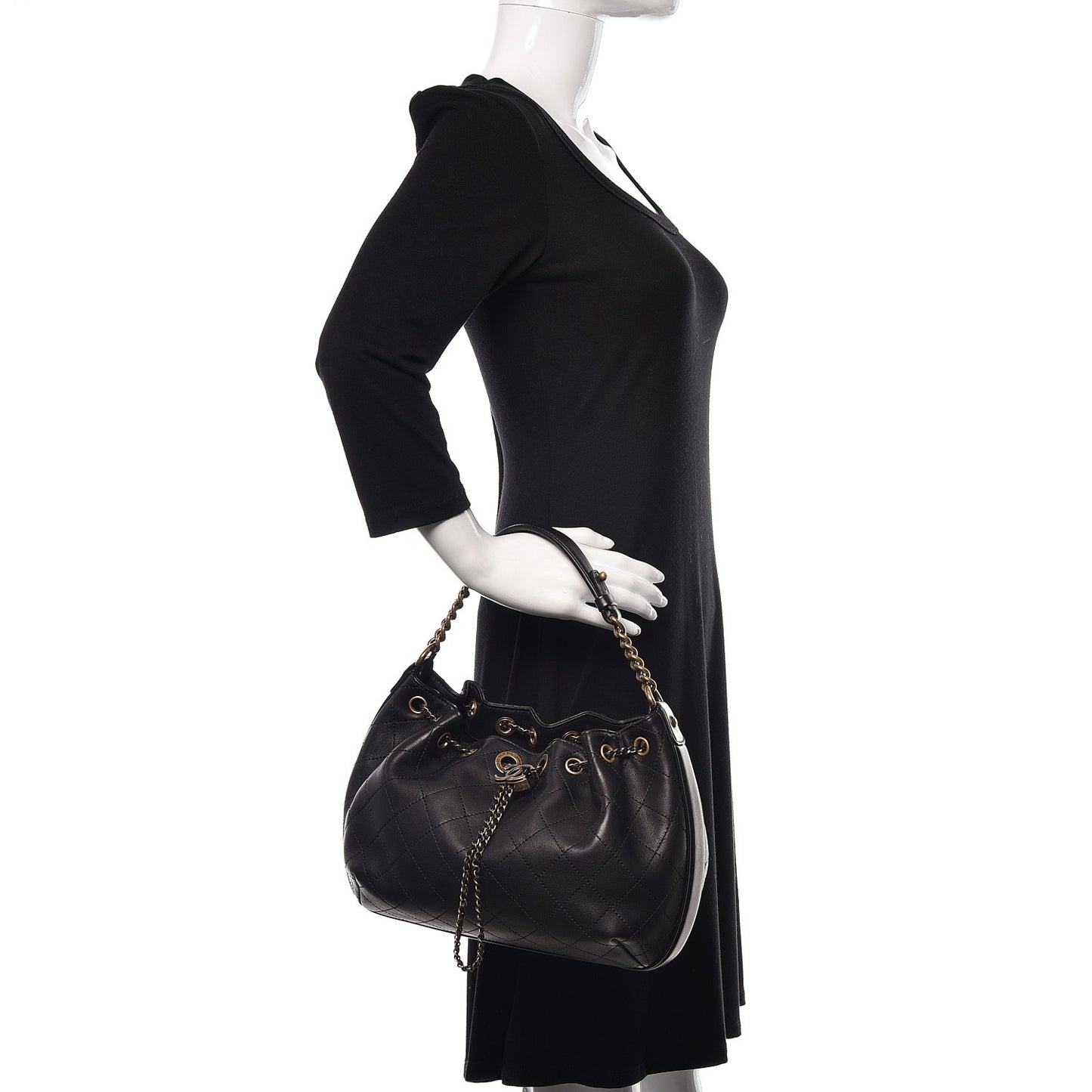 Calfskin Stitched Medium Drawstring CC Bag Black