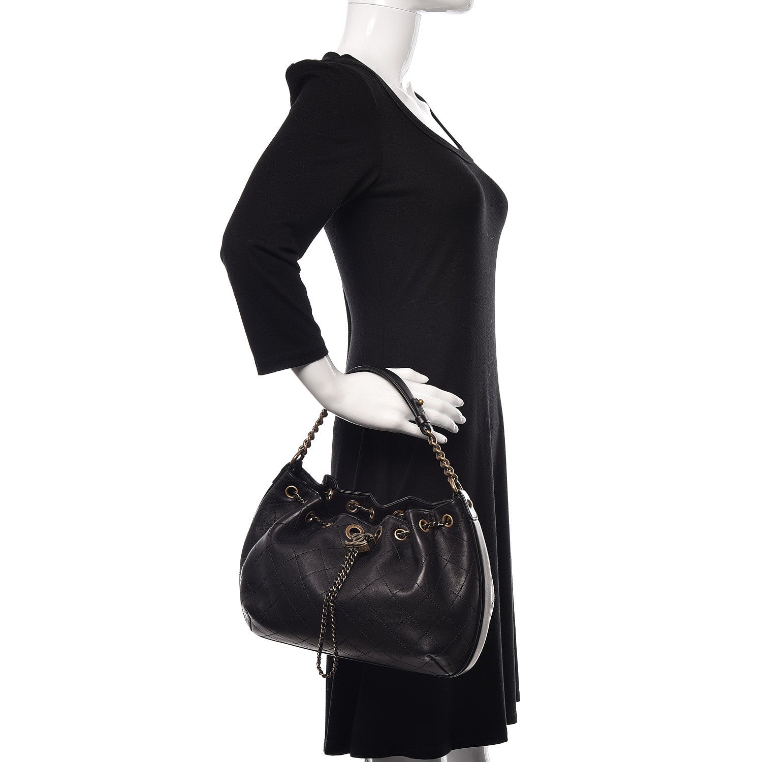 Chanel Calfskin Stitched Medium Drawstring CC Bag Black 3 of 13