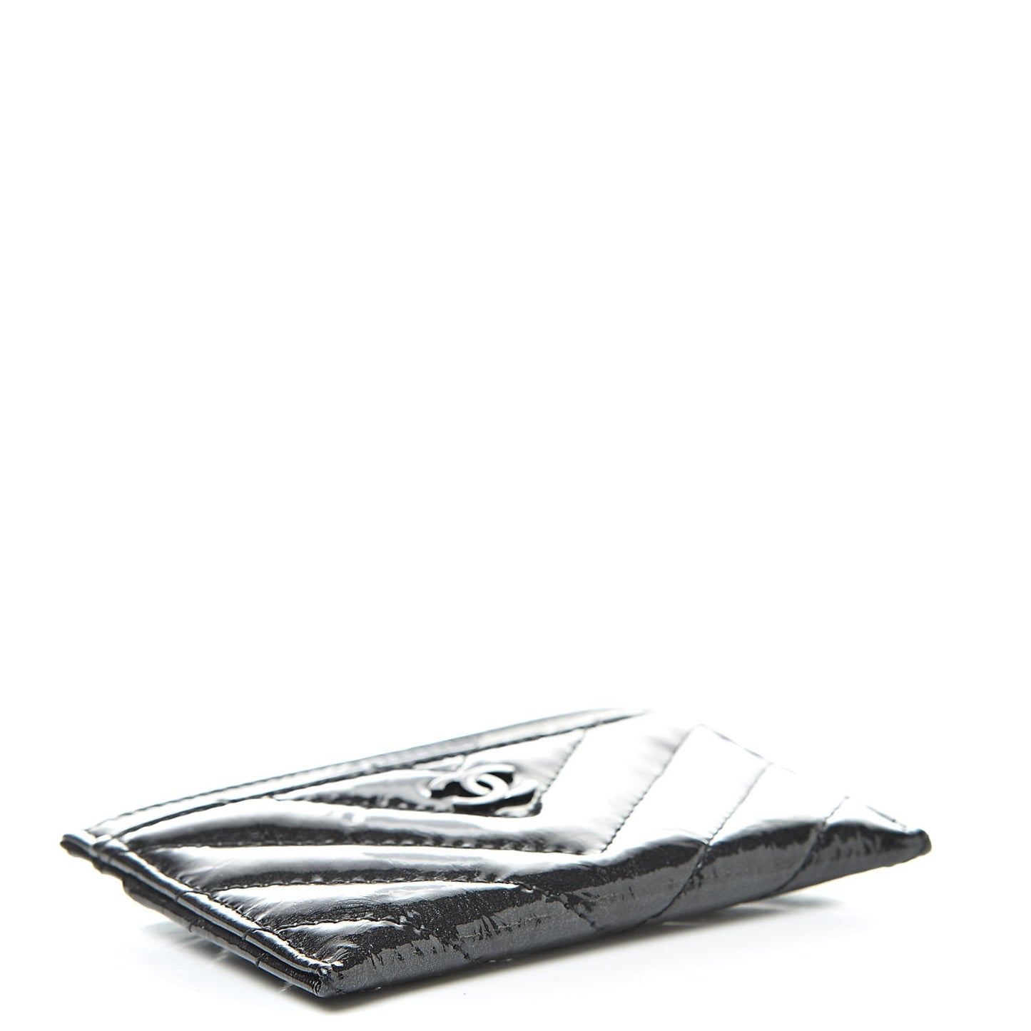 Patent Metallic Crumpled Calfskin Chevron Quilted Card Holder Black