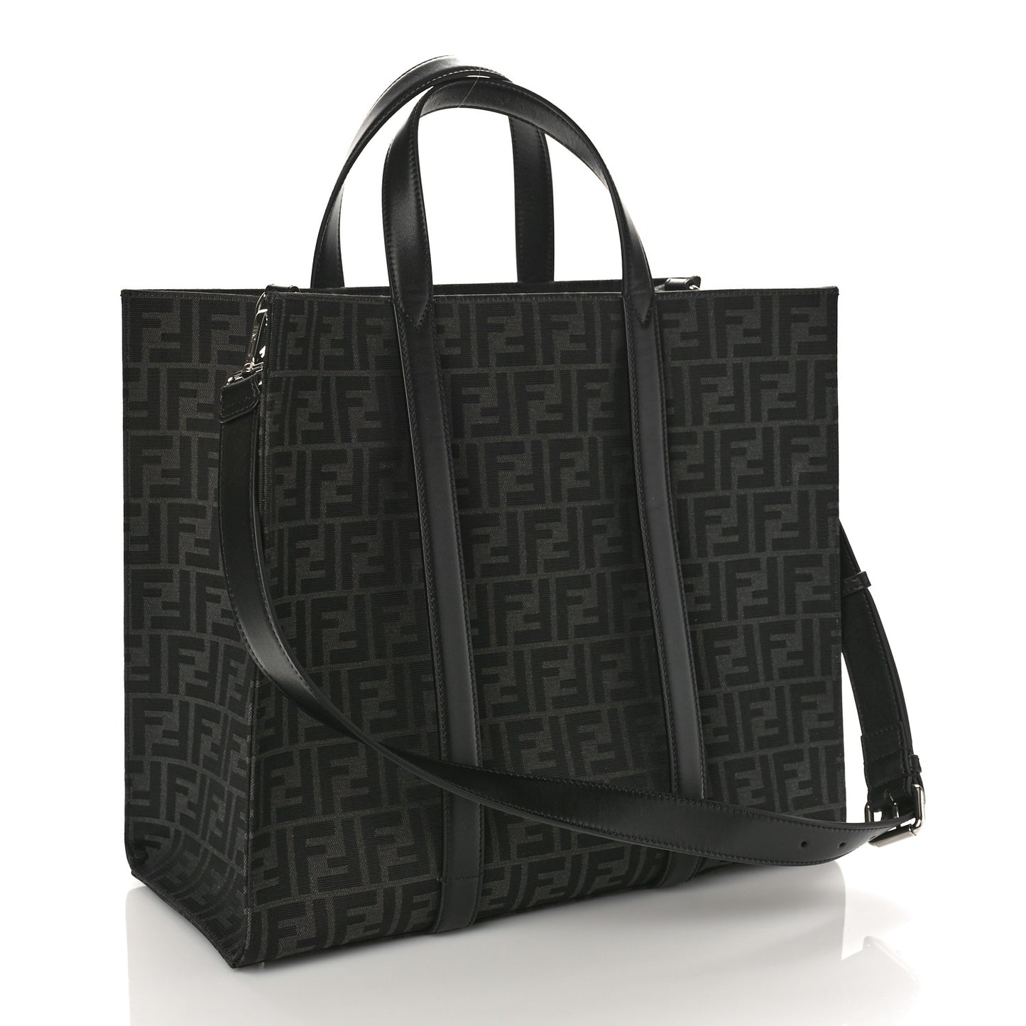 Recycled Fabric Jacquard Vitello Astro FF 1974 Shopping Tote Asfalto Black