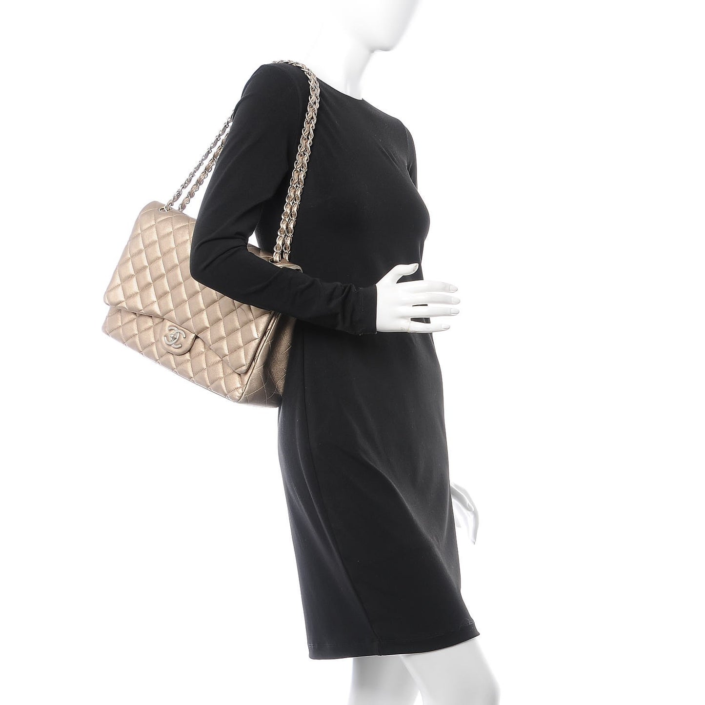 Metallic Lambskin Quilted Maxi Double Flap Light Gold