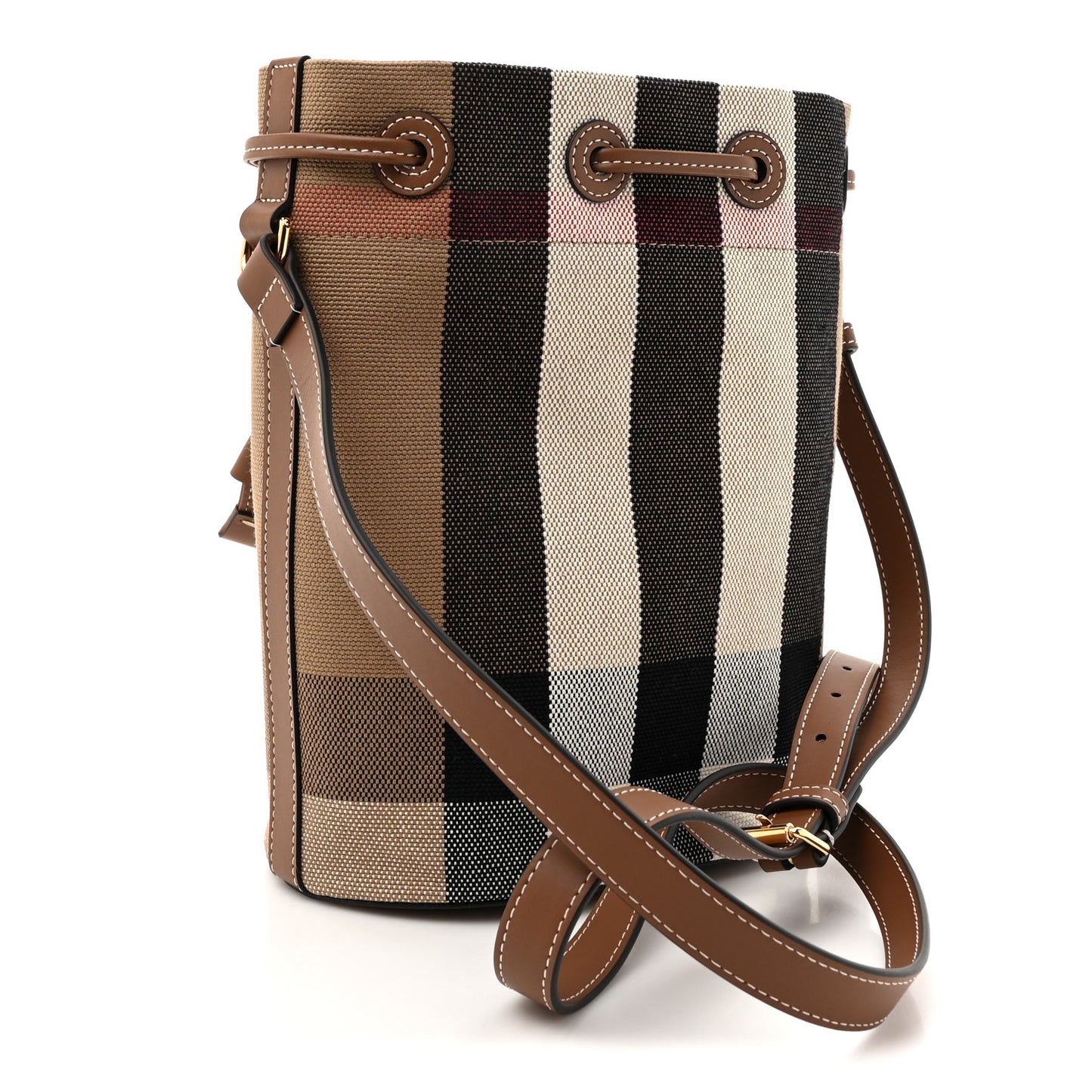 Giant Check Canvas Small Bucket Bag Taupe Brown