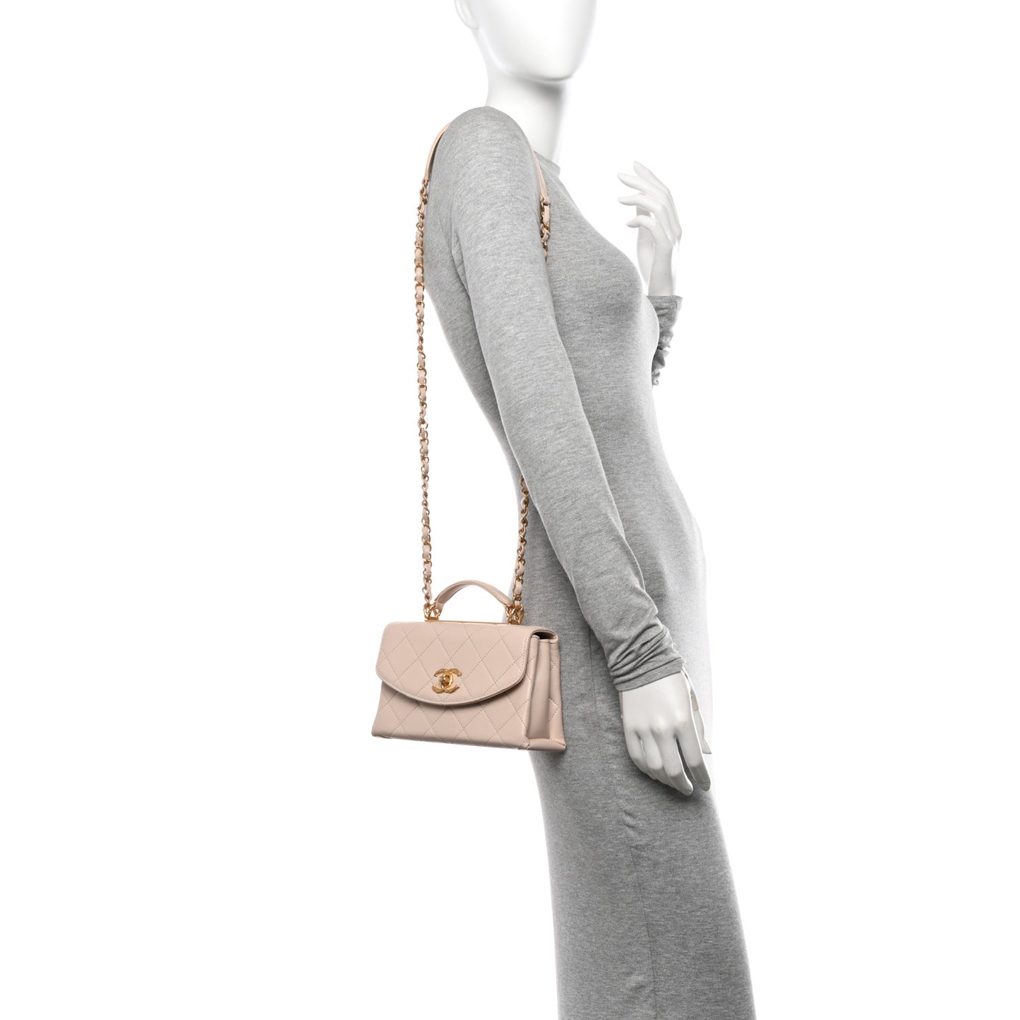 Lambskin Quilted Small Trendy Top Handle Bag Beige
