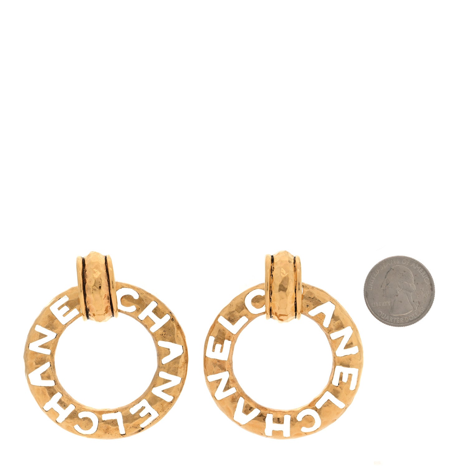 Chanel Hammered Metal Logo Cut Out Door Knocker Clip On Earrings Gold 2 of 4