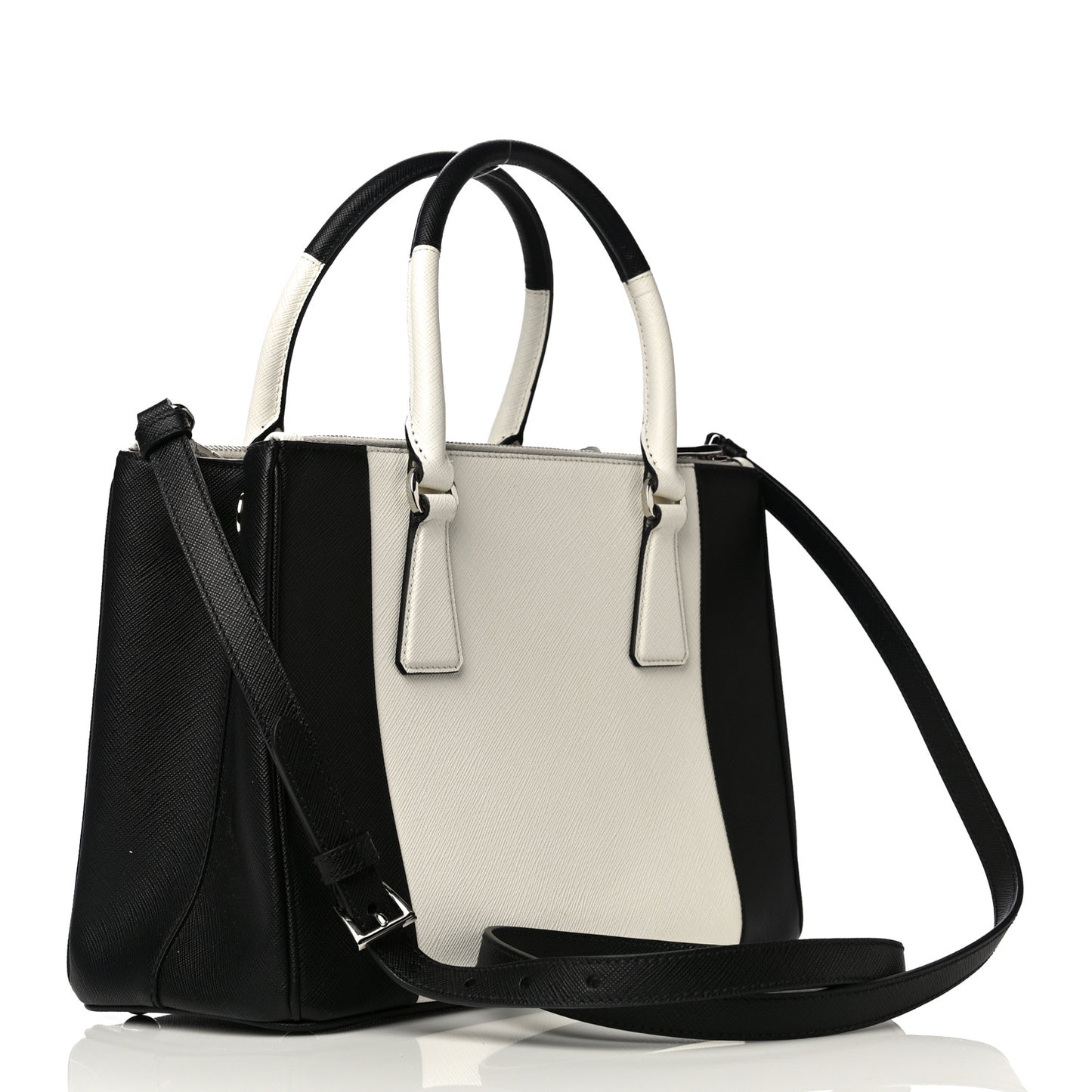 Saffiano Lux Small Bi-Color Galleria Double Zip Tote Black White