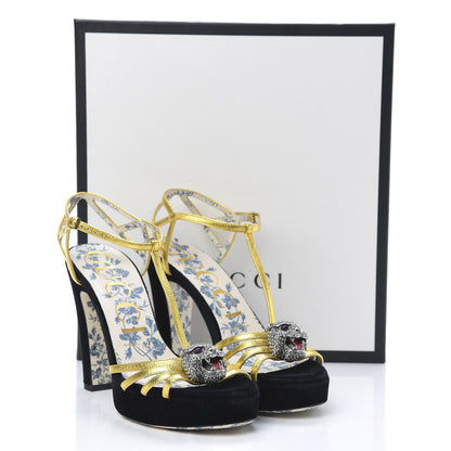 Gucci Velvet Nappa Elias T-Strap Platform High Heel Sandals 37.5 Black Gold 9 of 9