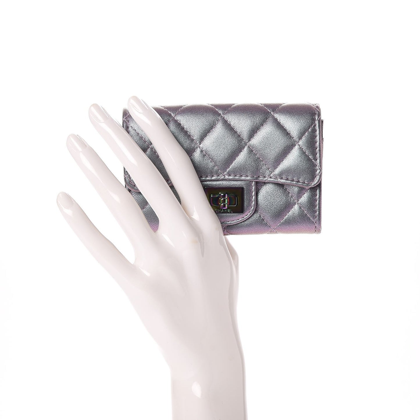 Iridescent Lambskin Quilted Reissue Flap Card Holder Light Purple