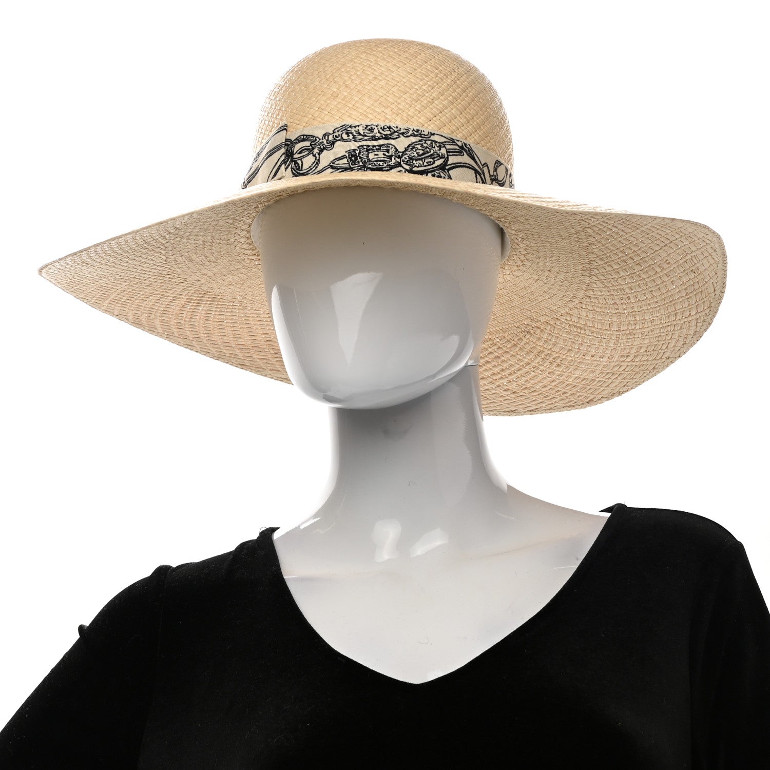 Hermes Straw Brides De Gala Panama Carrousel Hat 56 Naturel Ecru Black 2 of 10