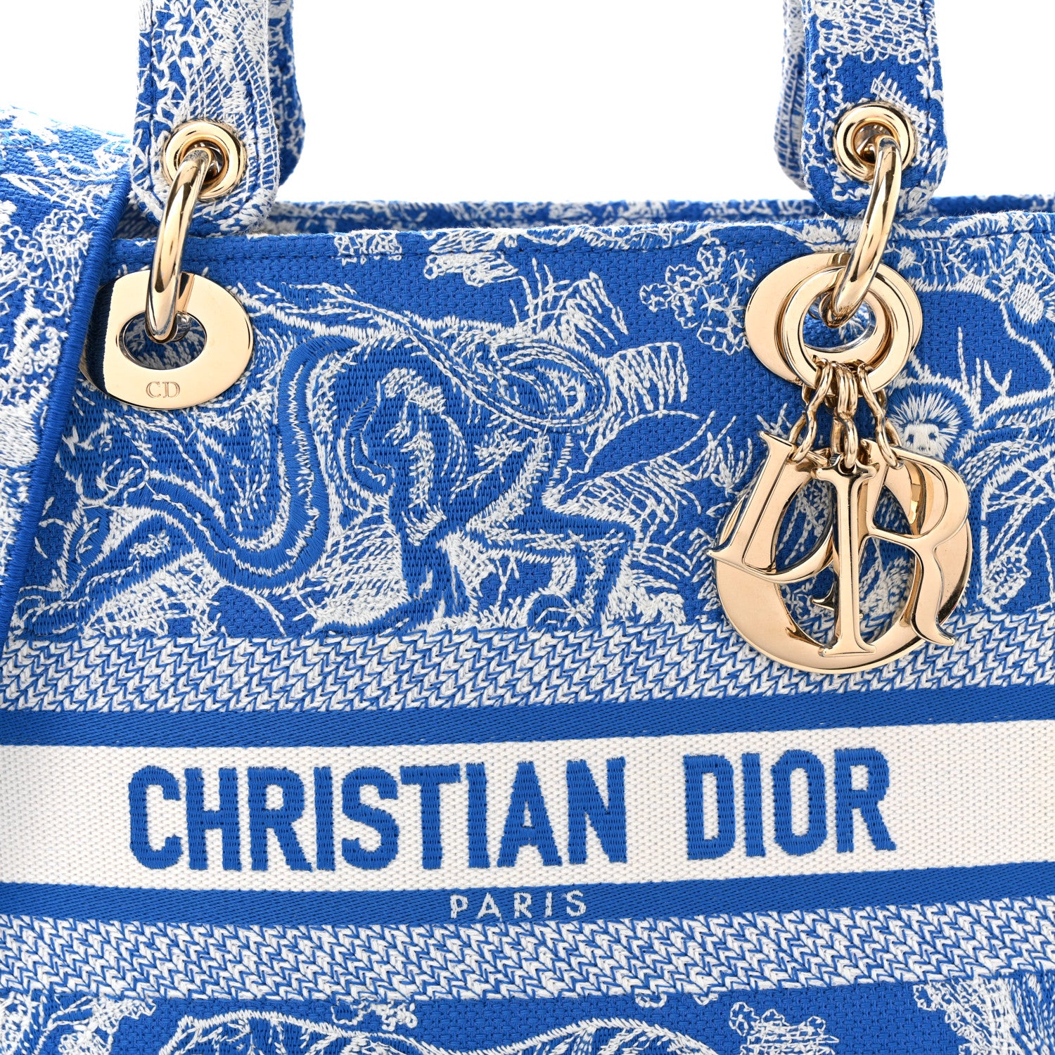 Christian Dior Canvas Toile De Jouy Reverse Embroidered Medium Lady D-Lite Fluorescent Blue 8 of 11