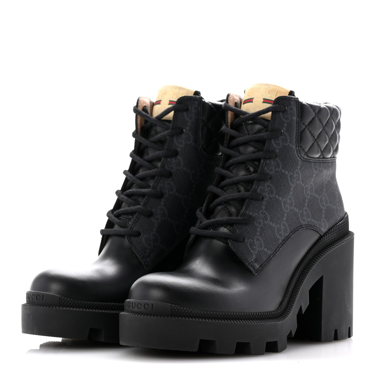 Apollo Calfskin GG Supreme Nappa Samoa Quilted Lace Up Ankle Boots 35 Black