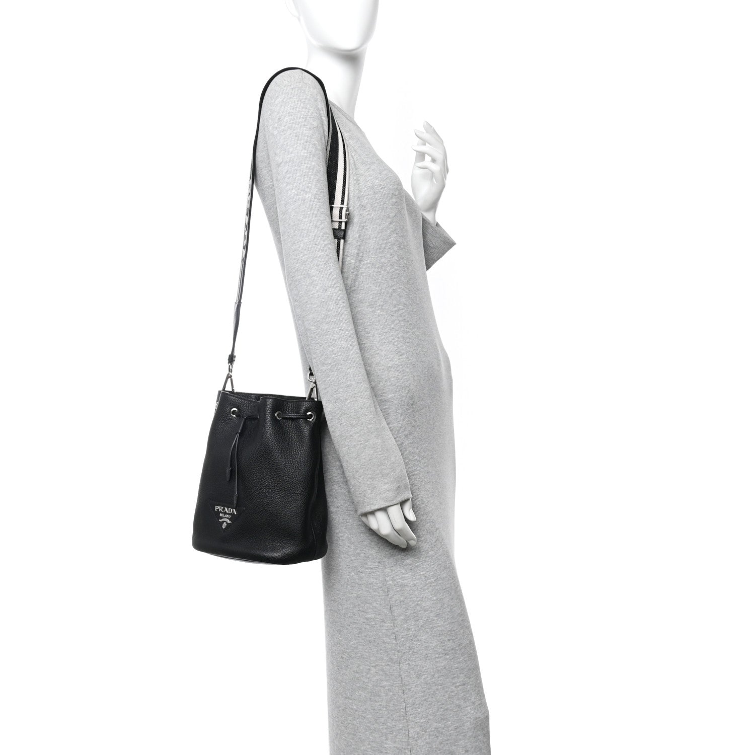 Prada Vitello Daino Soft Drawstring Bucket Bag Black 2 of 9