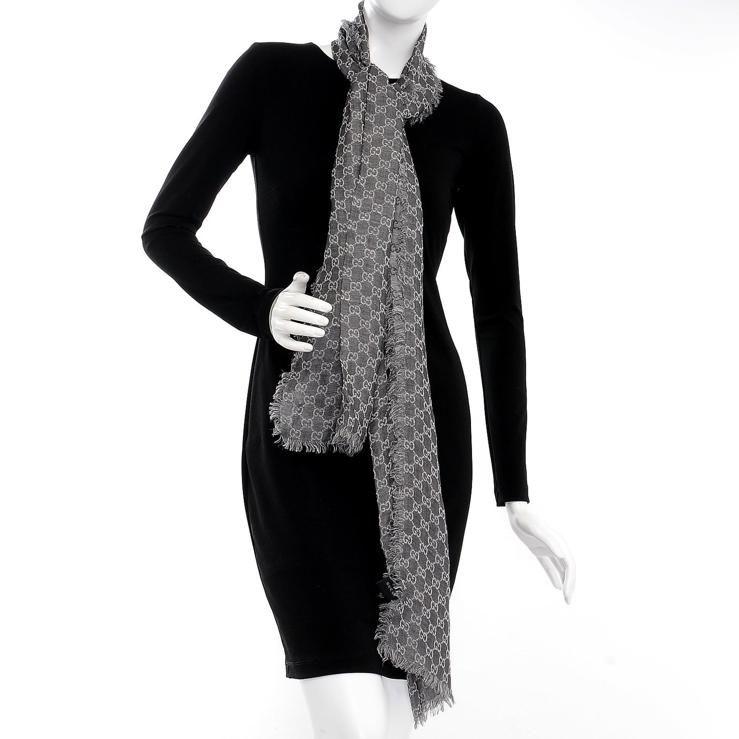 Wool Silk Linen Monogram Fringe Scarf Gray