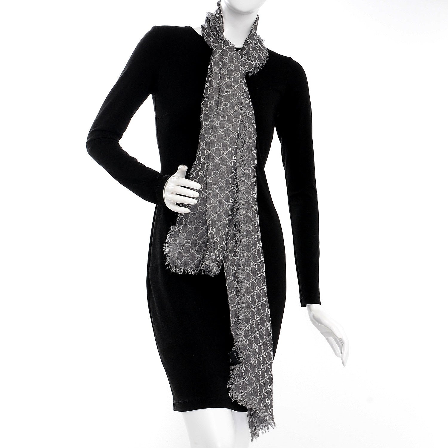 Gucci Wool Silk Linen Monogram Fringe Scarf Gray 2 of 4
