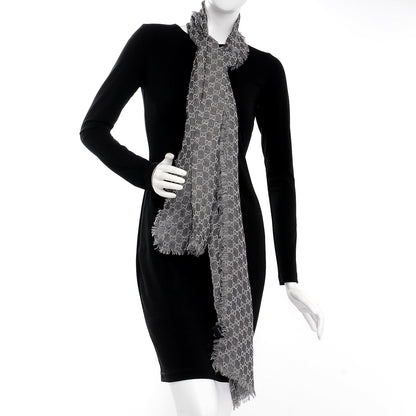 Gucci Wool Silk Linen Monogram Fringe Scarf Gray 2 of 4