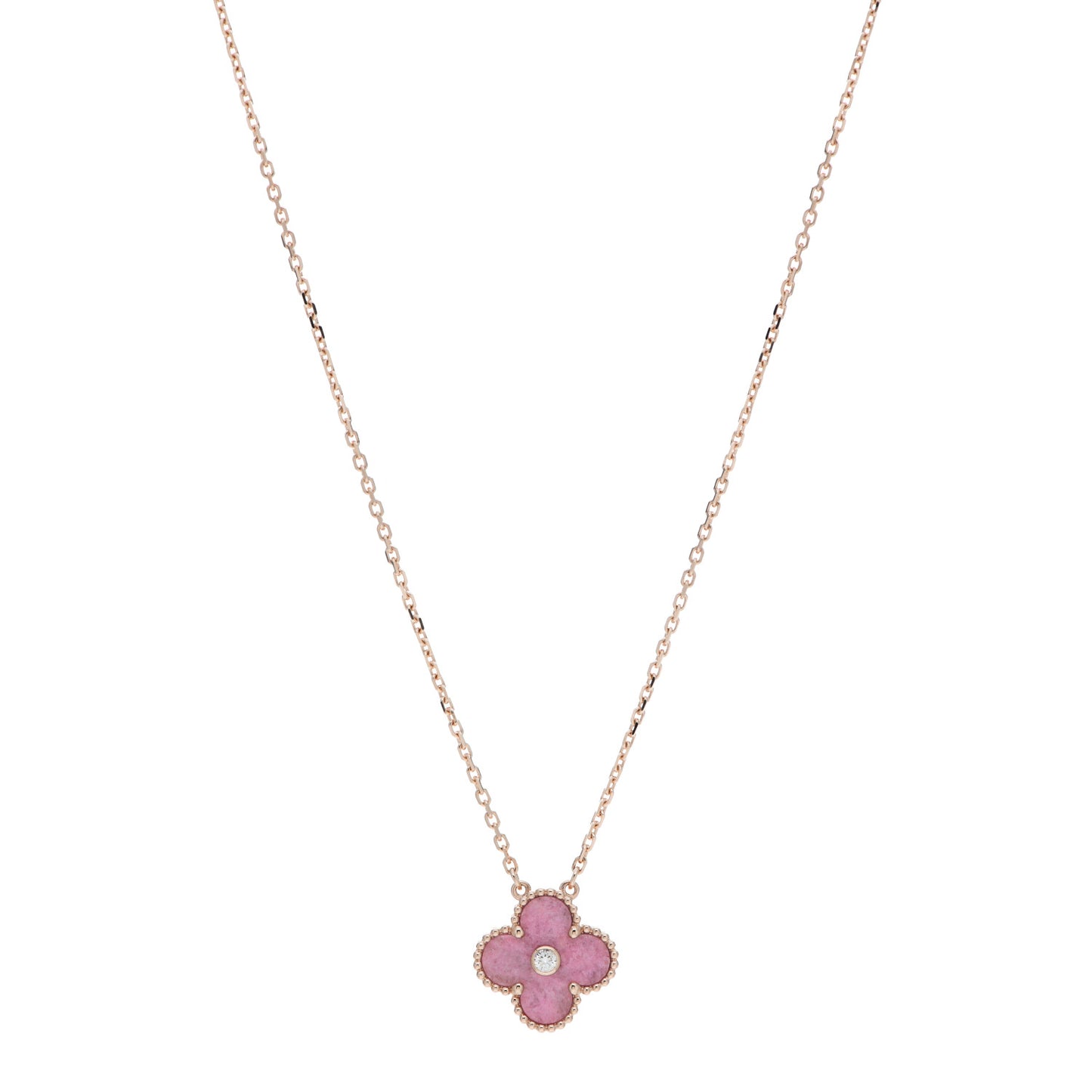18K Rose Gold Diamond Rhodonite Vintage Alhambra Pendant Necklace