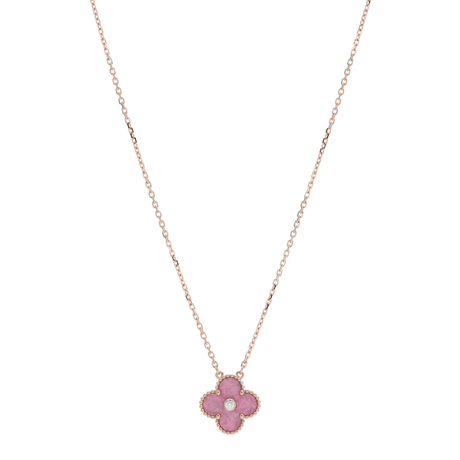 Van Cleef & Arpels 18K Rose Gold Diamond Rhodonite Vintage Alhambra Pendant Necklace 1 of 6