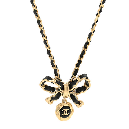 Chanel Metal Lambskin Chain CC Bow Necklace Black Gold 1 of 3