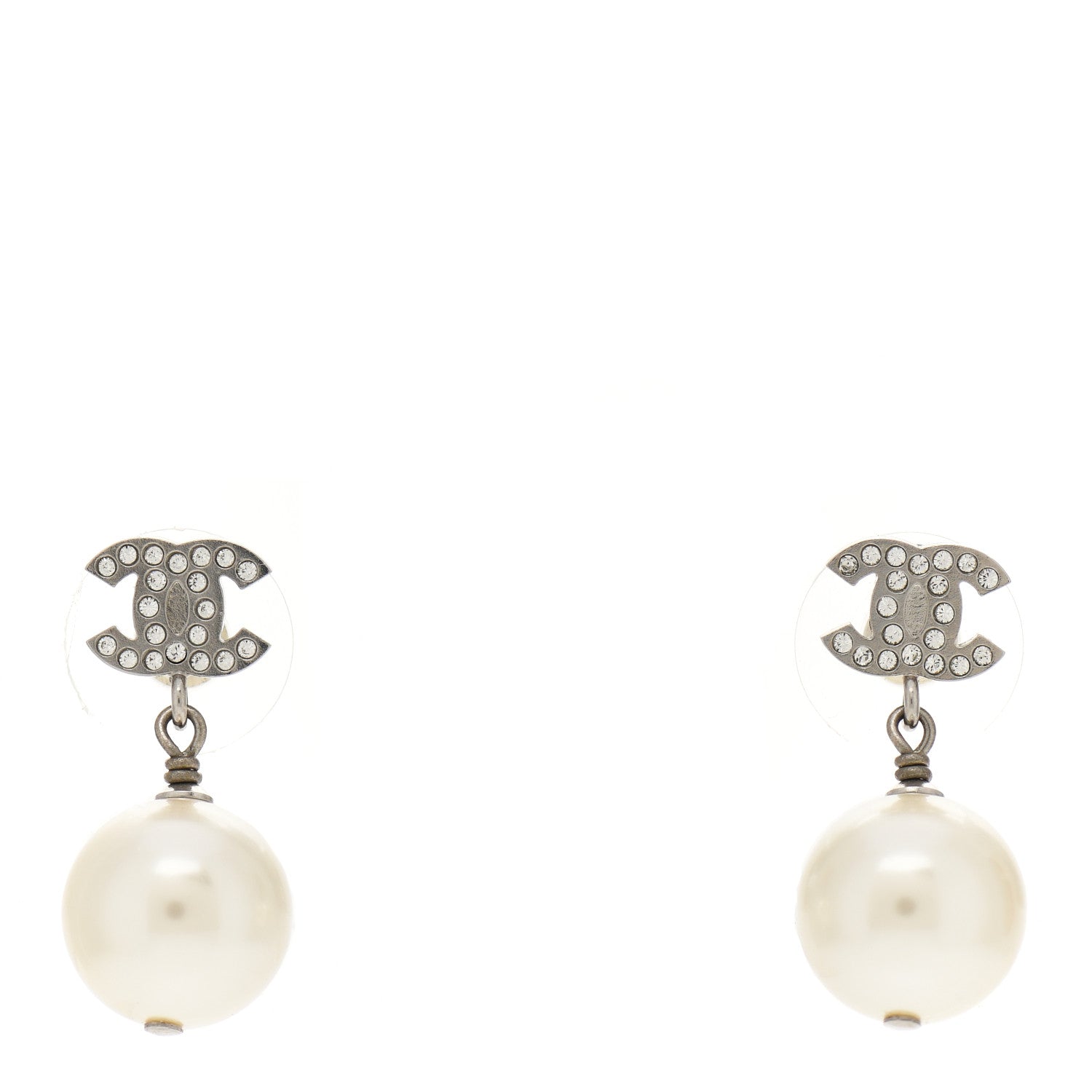 Chanel Crystal Pearl CC Drop Earrings Silver Pearly White 1 of 4