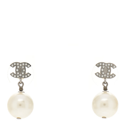 Chanel Crystal Pearl CC Drop Earrings Silver Pearly White 1 of 4