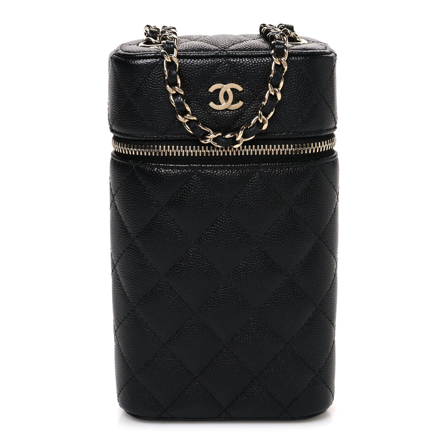 Caviar Quilted Phone Holder With Chain Black