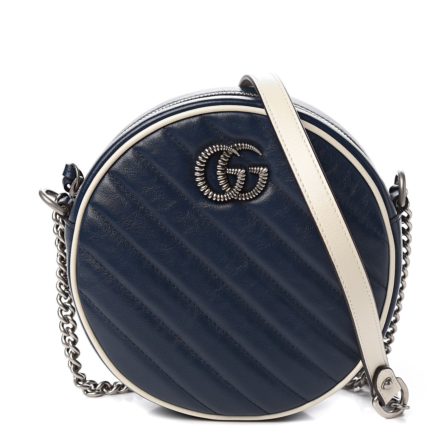 Gucci Azalea Calfskin Matelasse Diagonal Mini Torchon GG Marmont Round Shoulder Bag Blue Agata Mystic White 1 of 9