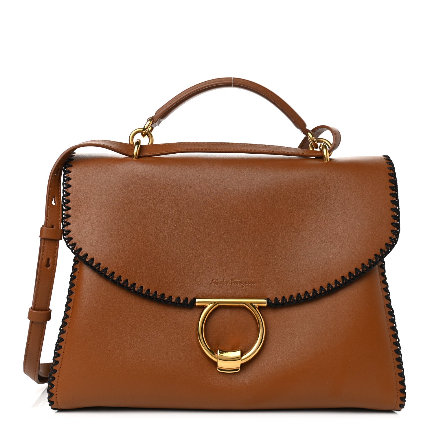 Salvatore Ferragamo Calfskin Stitched Medium Margot Top Handle Satchel New Vicuna 1 of 15