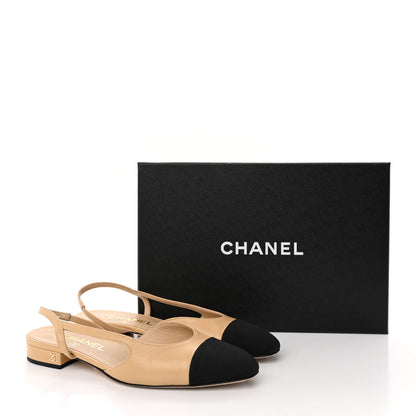 Chanel Goatskin Grosgrain Cap Toe CC Slingback Sandals 37 Beige Black 15 of 15
