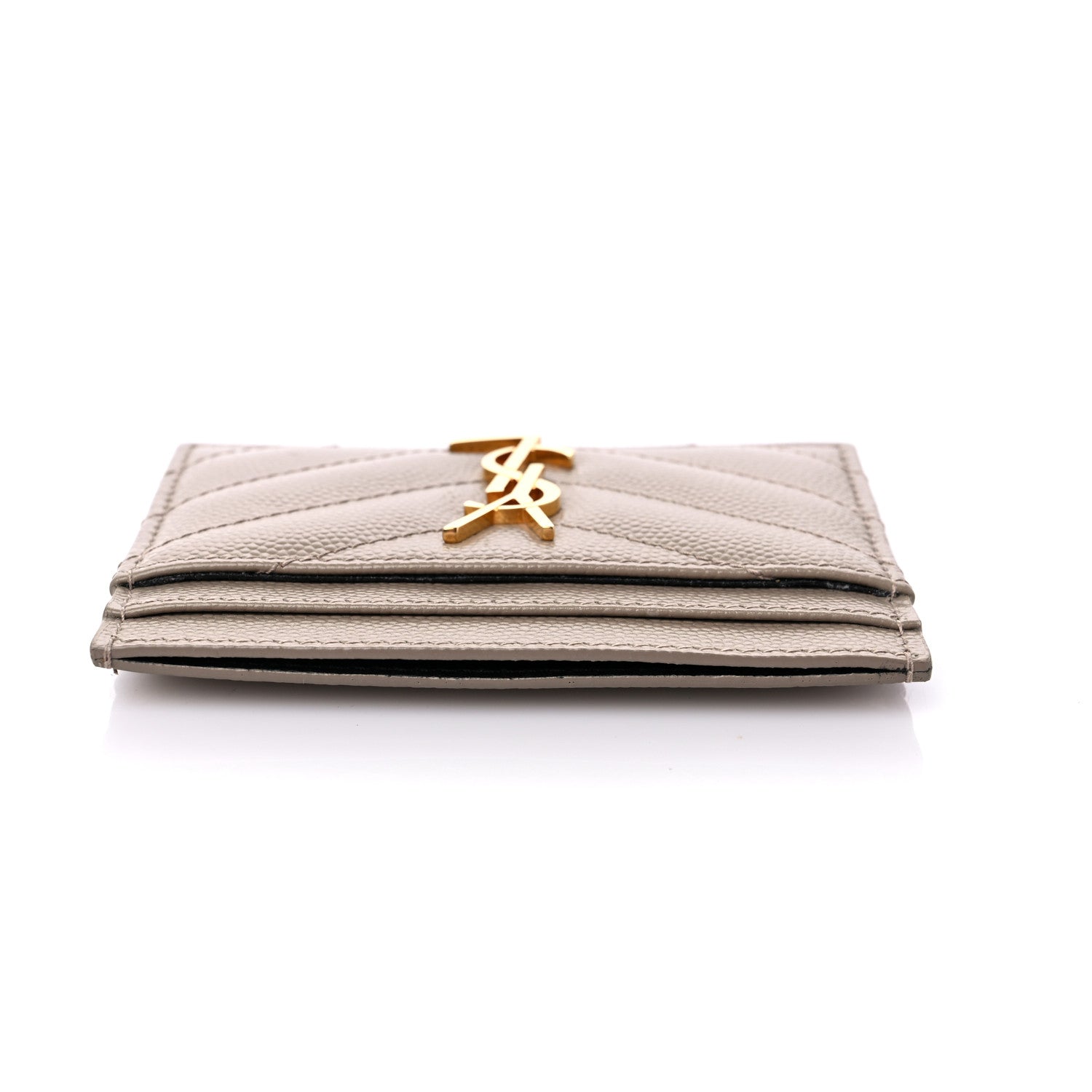 Saint Laurent Grain De Poudre Matelasse Chevron Monogram Credit Card Case Dark Beige 8 of 8