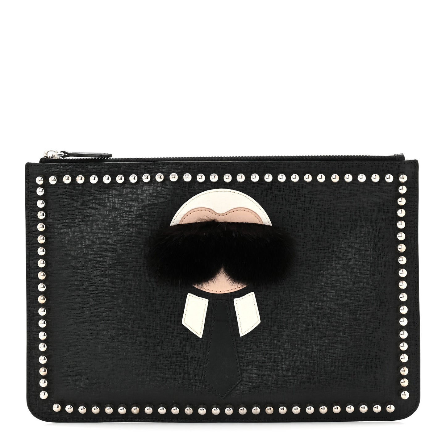 Vitello Elite Mink Fur Studded Karlito Zip Around Pouch Black