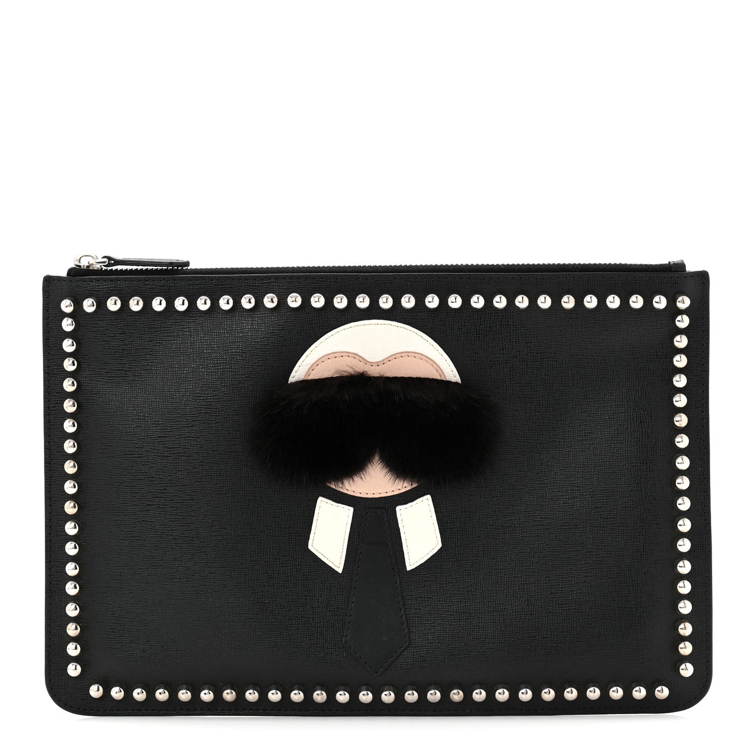 Fendi Vitello Elite Mink Fur Studded Karlito Zip Around Pouch Black 1 of 7