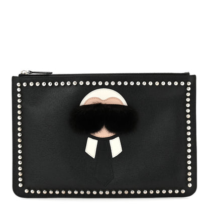Fendi Vitello Elite Mink Fur Studded Karlito Zip Around Pouch Black 1 of 7