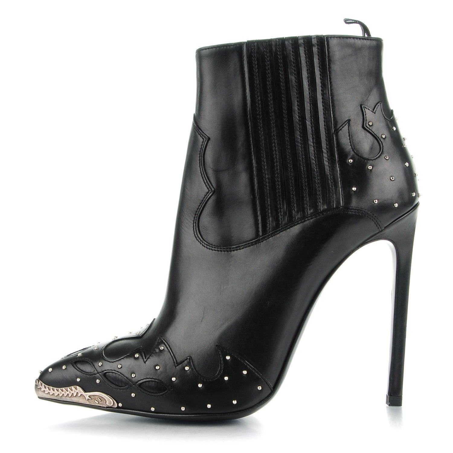 Saint Laurent Matte Calfskin Studded Western Ankle Boots 38 Black 1 of 8