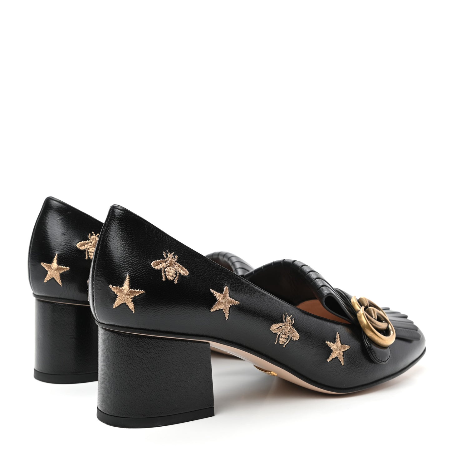 Quentin Goatskin Bee Star Embroidered GG Marmont Fringe 50mm Loafer Pumps 39 Black