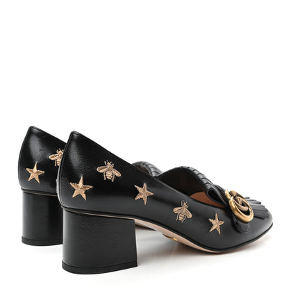 Gucci Quentin Goatskin Bee Star Embroidered GG Marmont Fringe 50mm Loafer Pumps 39 Black 4 of 9