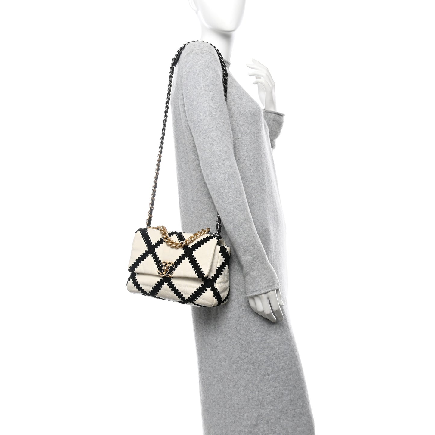 Calfskin Crochet Medium Chanel 19 Flap White Black