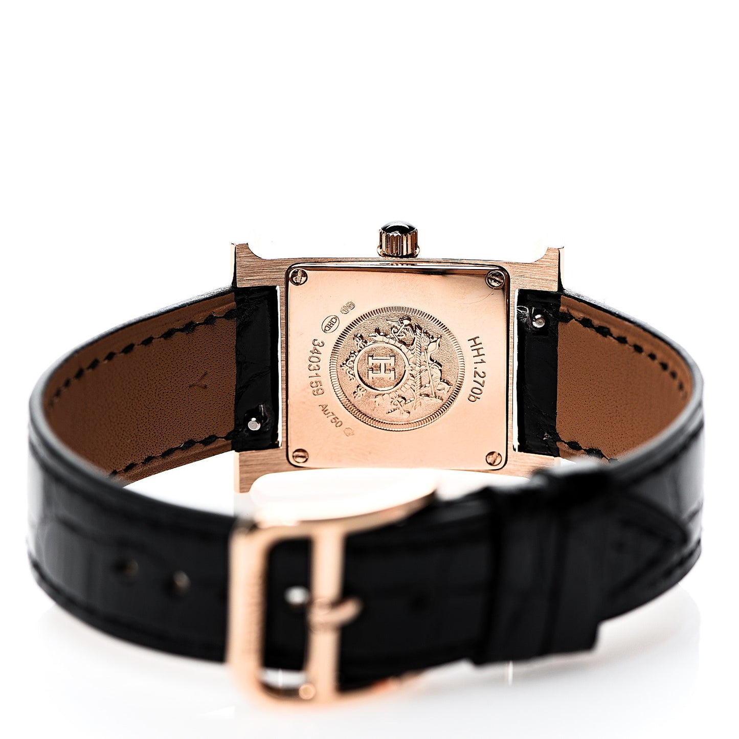 18K Rose Gold Alligator Lacquer 21mm Heure H Hour Quartz Watch Noir