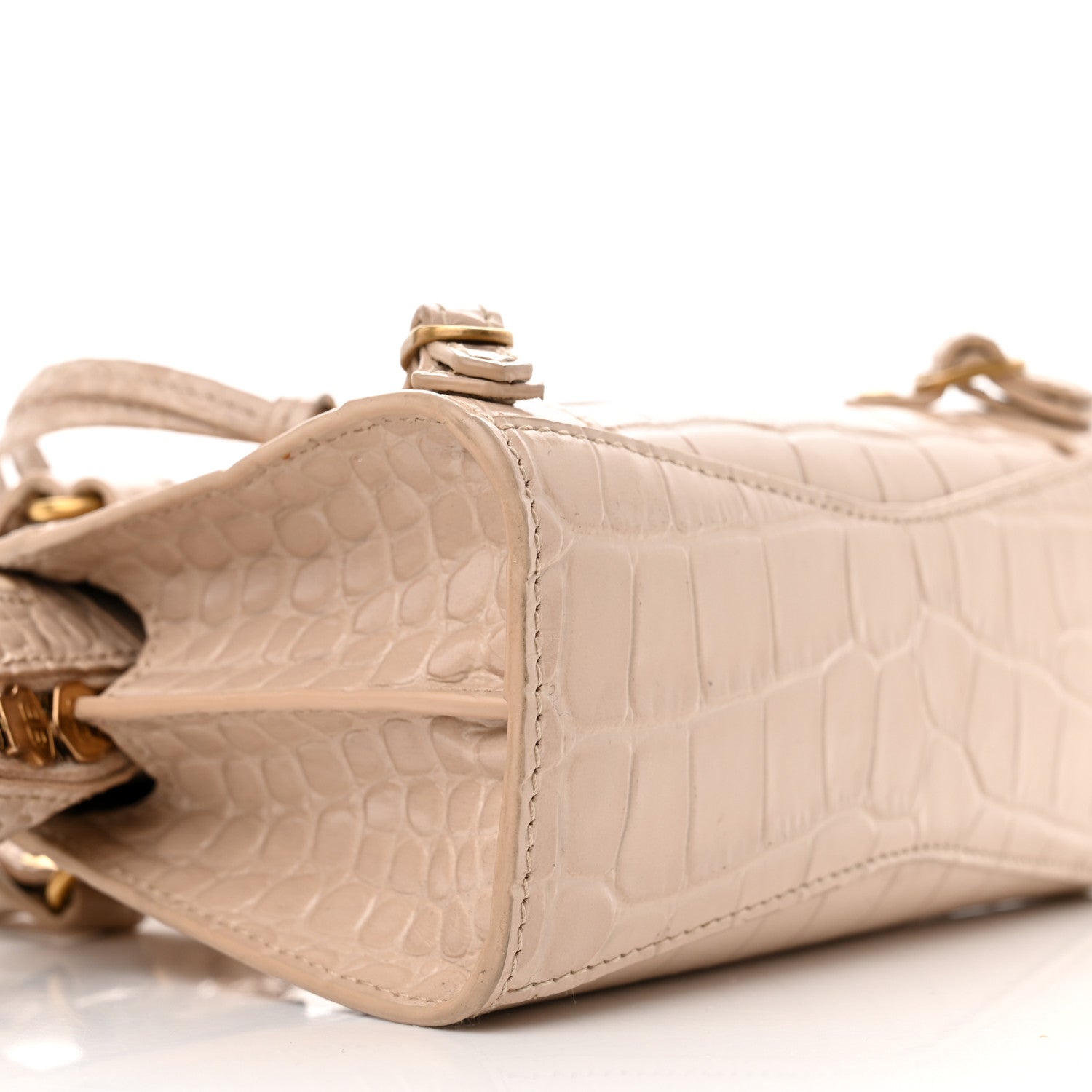 Balenciaga Shiny Supple Calfskin Crocodile Embossed Neo Classic Gold Hardware Nano City Crossbody Light Beige 8 of 10