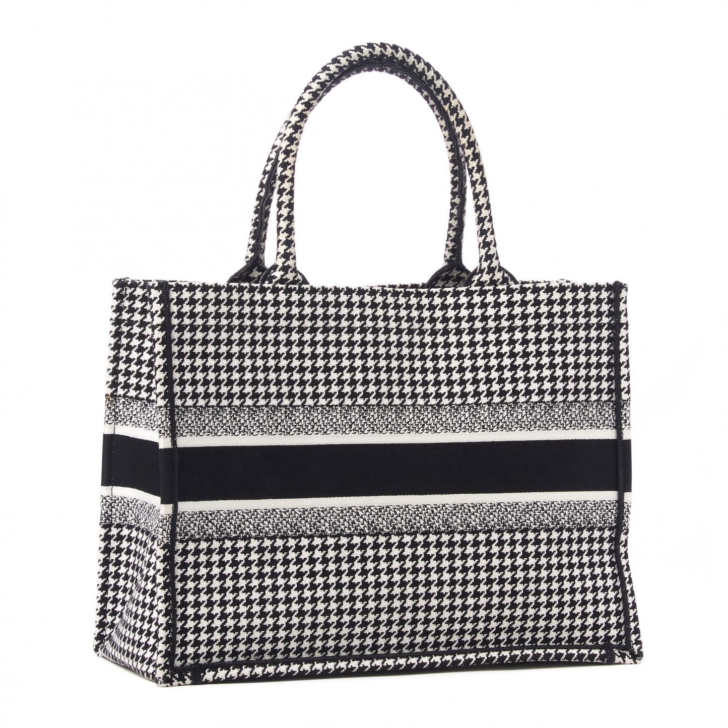 Canvas Houndstooth Embroidered Medium Book Tote Black White