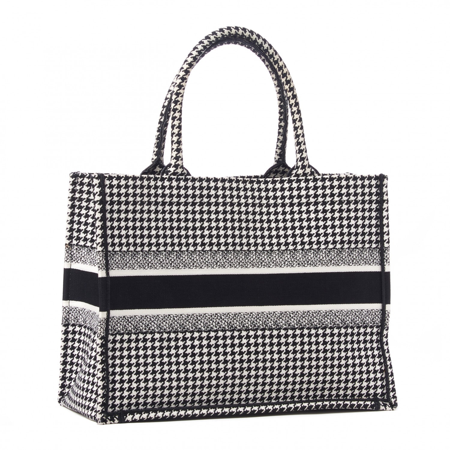 Christian Dior Canvas Houndstooth Embroidered Medium Book Tote Black White 3 of 9