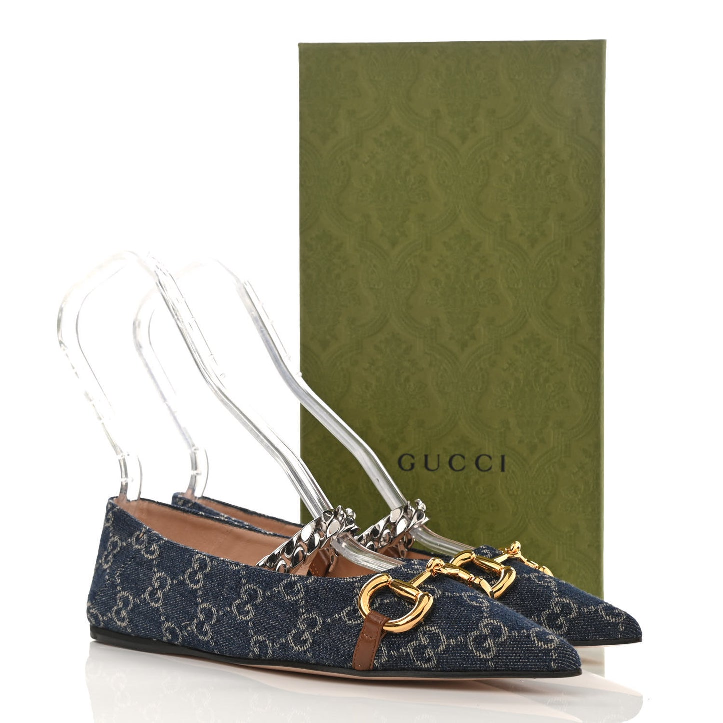 New Denim GG Monogram Nappa Deva Horsebit Chain Embellished Flats 37.5 Blue Tea Cuir Epilog