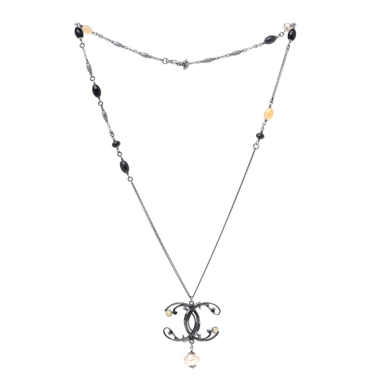 Chanel Pearl Beaded Enamel CC Long Necklace Black Silver 2 of 5