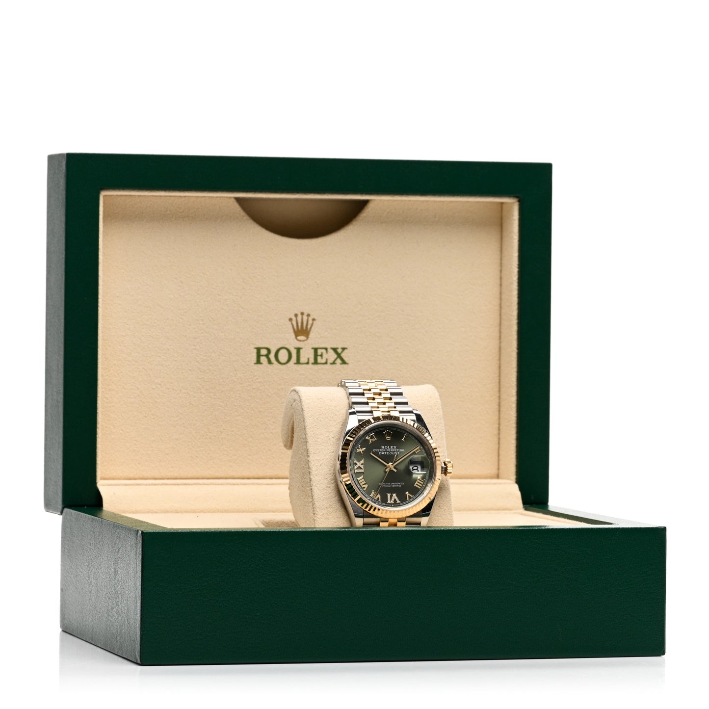 Stainless Steel 18K Yellow Gold Diamond 36mm Oyster Perpetual Datejust Watch Olive Green Roman 126233