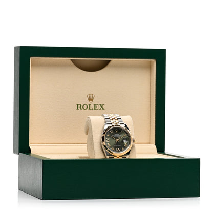 Rolex Stainless Steel 18K Yellow Gold Diamond 36mm Oyster Perpetual Datejust Watch Olive Green Roman 126233 5 of 5