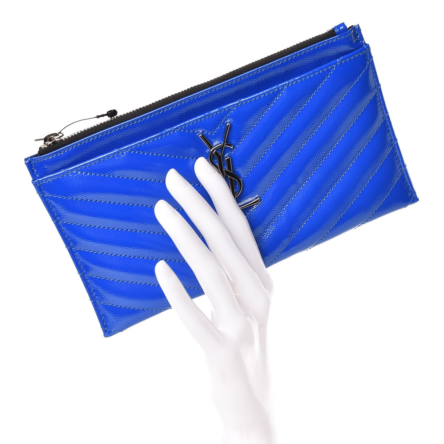 Saint Laurent Grain De Poudre Chevron Monogram Bill Pouch Neon Blue 2 of 9
